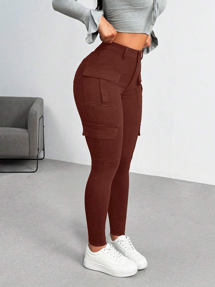 Rivivi 女士多口袋修身休闲百搭牛仔裤 - 棕色 - 查看 1