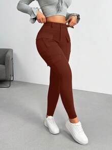 Rivivi 女士多口袋修身休闲百搭牛仔裤 - 棕色 - 查看 4