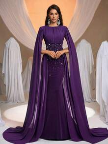 Aureia Elegant Women's Purple Maxi Party Dress With Cloak Sleeves And Rhinestone Detail - Purple - View 6