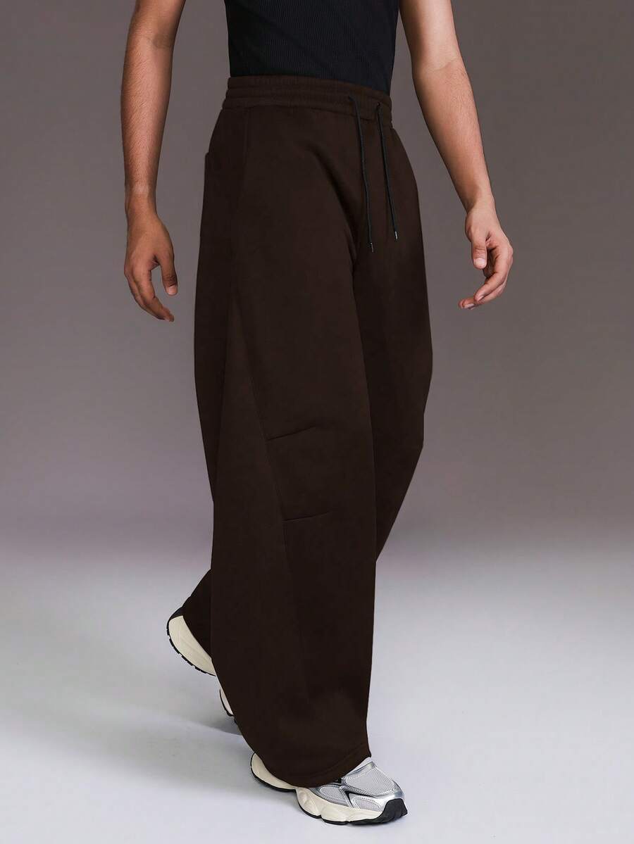 STYNVO 男士纯色抽绳腰带口袋阔腿宽松休闲运动裤 男士阔腿裤 男士喇叭裤 棕色超大码运动裤 - 咖啡棕 - 查看 1