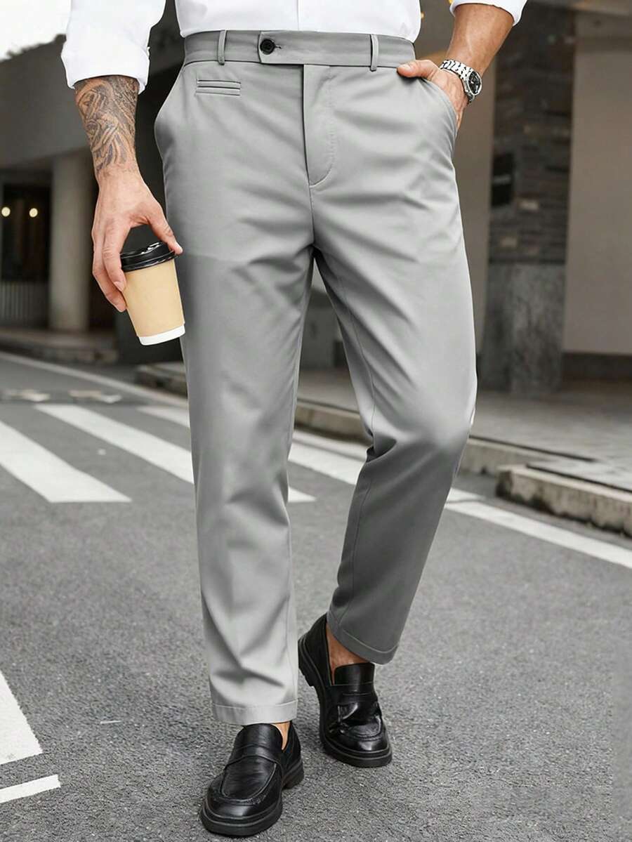 Manfinity Mode Pantalones de traje casual de negocios de talla grande para hombre, unicolor, con bolsillos inclinados, formal, ceremonia - Gris Claro - Ver 1