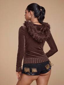 ROMWE Grunge Punk Sudadera con cremallera de terciopelo con decoración de rhinestones, ajustada para mujer, estilo Y2K - Café integral - Ver 3
