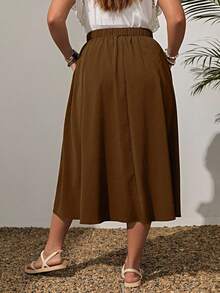 SHEIN PETITE CURVE Plusstorlek Enfärgad Elastisk Midja Swing Lös Sommarmode All-Match Kjol - Brun - Visa 2
