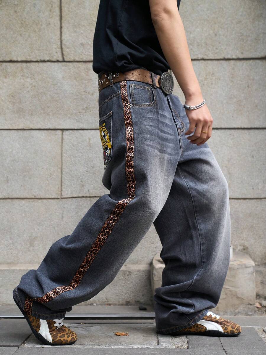 Manfinity EMRG Men's Animal Print Pocket Button Casual Versatile Commute Loose Fit Jeans - Light Grey - View 1