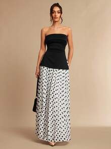 Silquee Bộ đồ 2 mảnh thanh lịch dành cho nữ mùa Xuân/Hè gồm áo quây đen và chân váy midi/chân váy chấm bi dáng chữ A, thích hợp cho các bữa tiệc, hẹn hò, đám cưới, lễ tốt nghiệp, các dịp trang trọng và các hoạt động về đêm. - màu đen - Xem 4