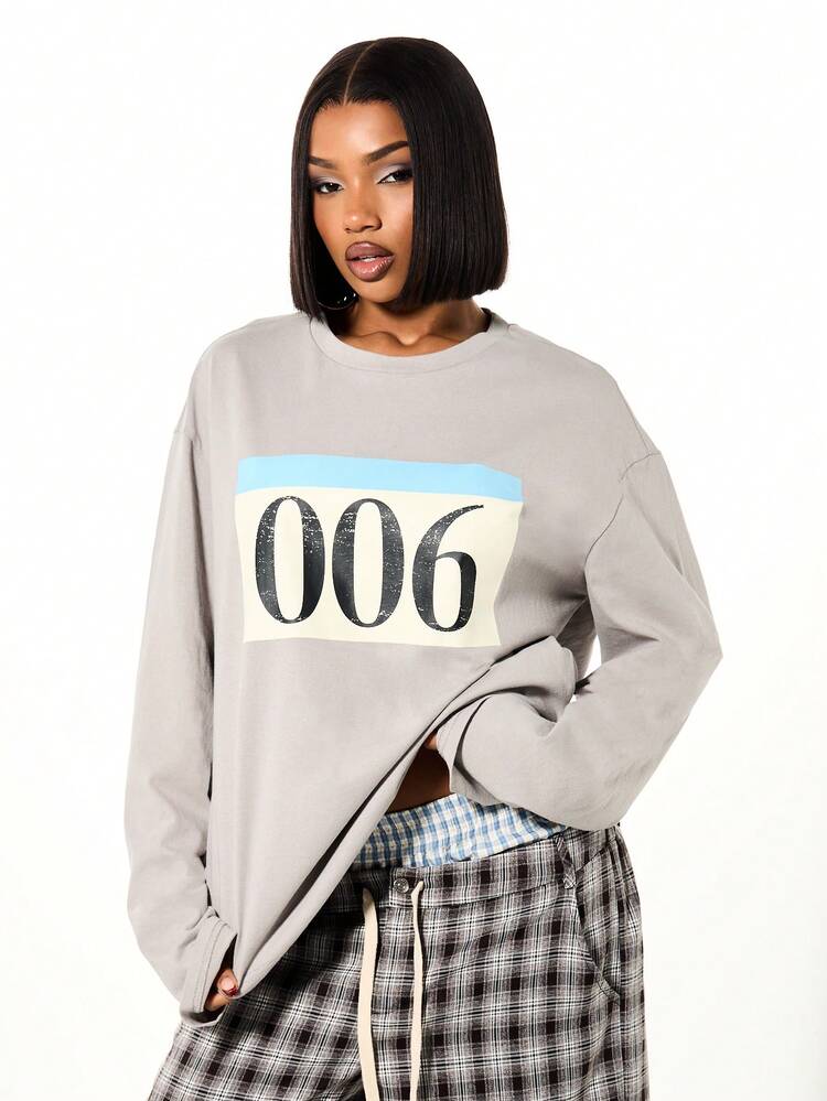 SUMWON WOMEN Oversized Graphic Long Sleeve Crew Neck T-Shirt