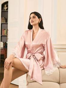 Elegant French Lace Satin Women's Robe - Pink - View 3