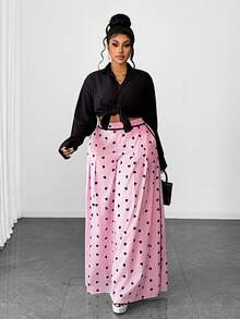 Maweii Pantalones largos de talla grande con estampado de corazón y bloques de color - Rosa - Ver 5