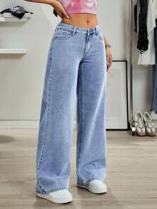 SHEIN Tall Women's Fashion Casual Versatile Elastic Waist Wide Leg Straight Jeans - Light Wash - View 5