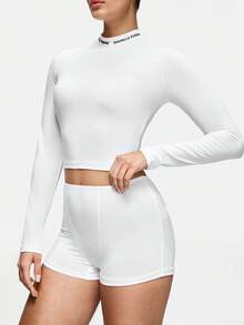 SHAPORA Pijama de mujer con estampado de letras, cuello alto y manga larga, top corto - Multicolor - Ver 4
