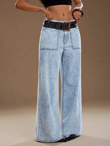 TRNVIE 时尚休闲口袋装饰低腰阔腿牛仔裤 - 中等水洗藍 - 查看 5