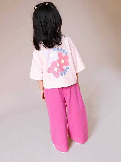 SUMWON Happy Days Floral Print Crew Neck Short Sleeve T-Shirt Wide Leg Pants Co-Ord Set Kids Spring Summer Casual Outfit