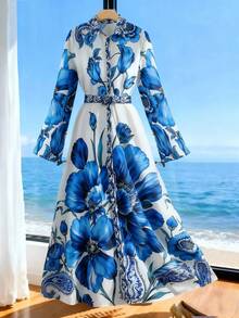 Franclia 女士蓝色花卉印花度假腰带长袖衬衫裙 - 藍白色 - 查看 8