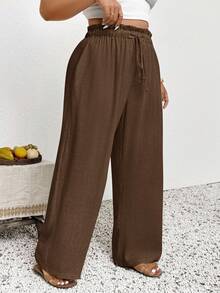 SHEIN Frenchy Plus Size Women Casual Ruffle Waist Tie Pants Fall - Rust Brown - View 3