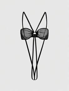 ROMWE Goth Mono gótico punk con abertura en la entrepierna y cuello halter elástico de malla - Negro - Ver 1