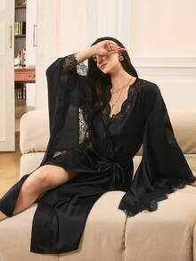 Mature Elegant Lace Patchwork Robe, Romantic Loose Belted Long Robe, Charming Ladies Sleepwear