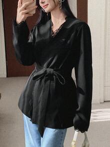 DAZY Blazer élégant à manches longues avec dentelle contrastante de couleur unie pour femmes - Noir - Voir 4