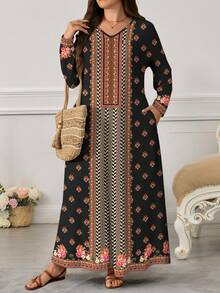 Lacomfia 大码女式复古花卉人字纹印花V领短袖连衣裙，带口袋，春夏时尚单品 - 彩色 - 查看 3