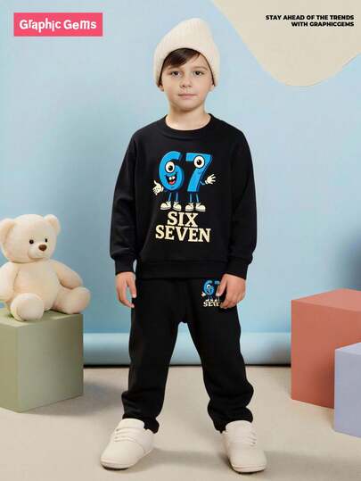 SHEIN GraphicGems 2pcs/Set Young Boy Casual Creative Personalized Fresh Cute Simple Cool Cartoon Big Eye Number 67 Lightning Graphic Letter Slogan Print Sweatshirt And Sweatpants Cozy Fall & Winter Outfit