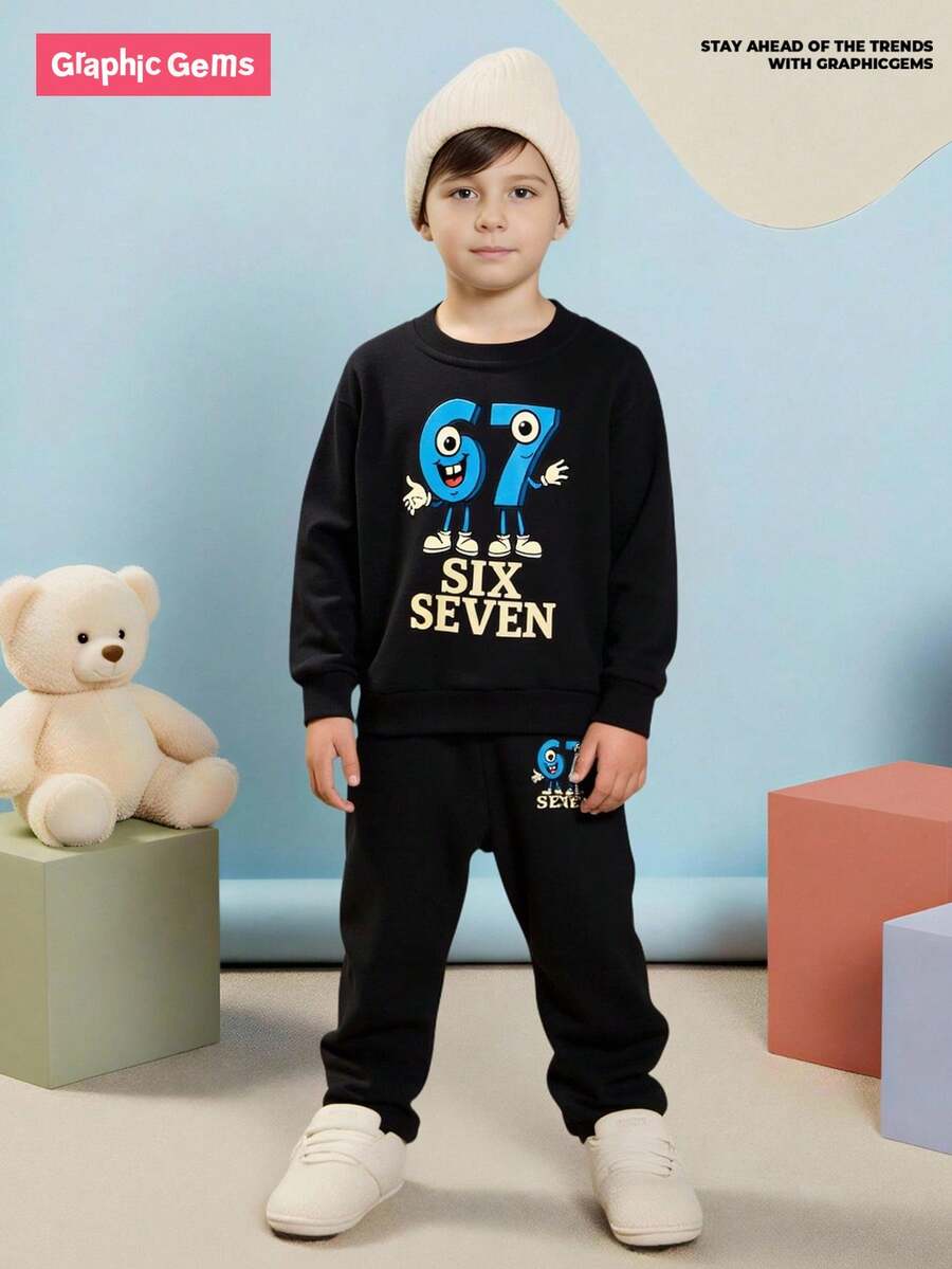 SHEIN GraphicGems 2pcs/Set Young Boy Casual Creative Personalized Fresh Cute Simple Cool Cartoon Big Eye Number 67 Lightning Graphic Letter Slogan Print Sweatshirt And Sweatpants Cozy Fall & Winter Outfit - Black - View 1