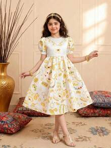 SHEIN Tween Mädchen-Kleid im eleganten, glamourösen und niedlichen Stil in Gold & Weiß mit Grafik-Motiv, Kurzarm, Schwester-Partnerlook - Gold - Übersicht 2