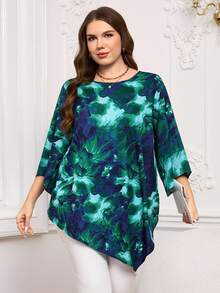 EMERY ROSE Plus Size Women Spring/Autumn Casual Vacation Style All-Over Print Flare Sleeve Loose Blouse Winter Outfit For Women Christmas Outfit For Women New Year Clothes  Elegant Party Blouse Tunic Tops For Women Blue Floral Top Tunics For Women Elegant Tops For Women Asymmetrical Top Plus Valentine's Day, Mother Clothing, Comfortable And Casual Beach Outfit  Green Top Tunic Blouse Spring Break Outfits  Holiday Outfits For Women