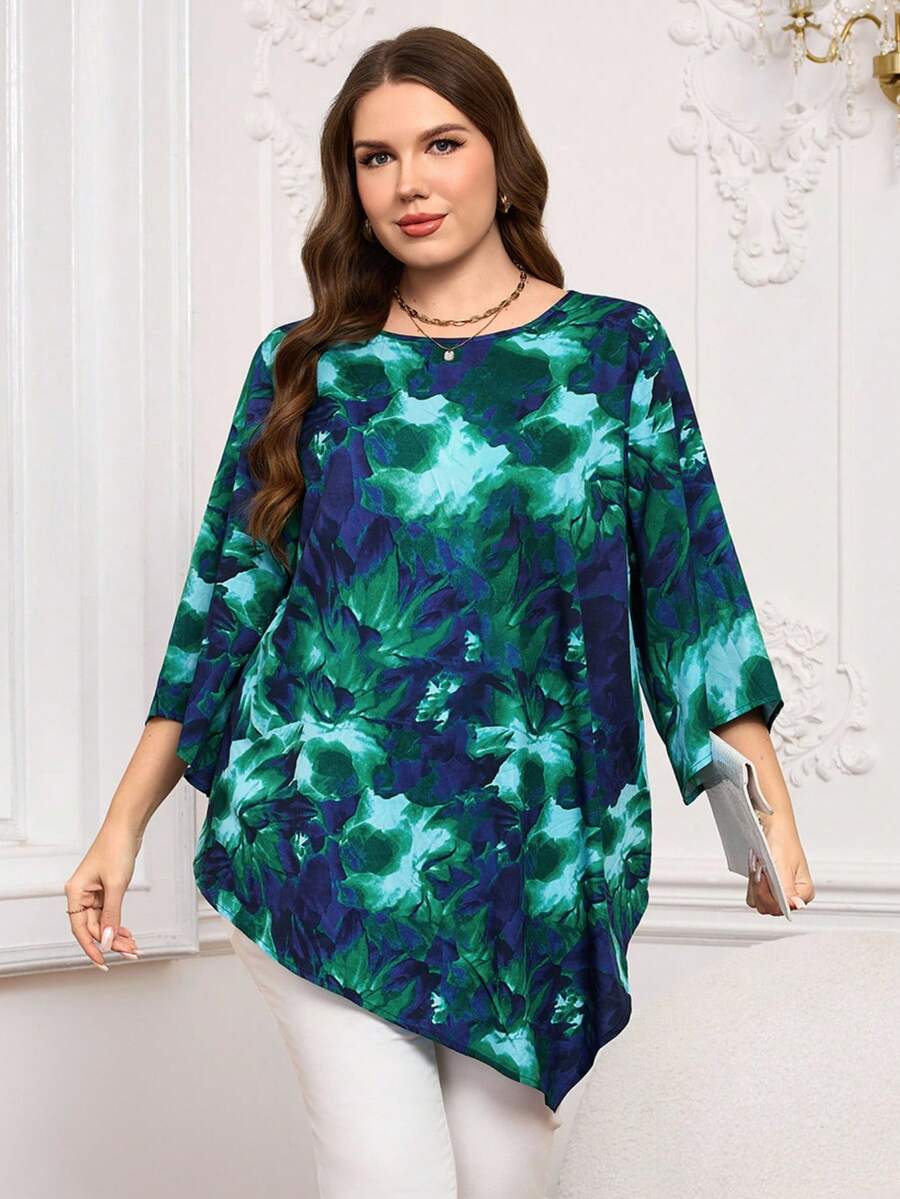 EMERY ROSE Plus Size Women Spring/Autumn Casual Vacation Style All-Over Print Flare Sleeve Loose Blouse Winter Outfit For Women Christmas Outfit For Women New Year Clothes  Elegant Party Blouse Tunic Tops For Women Blue Floral Top Tunics For Women Elegant Tops For Women Asymmetrical Top Plus Valentine's Day, Mother Clothing, Comfortable And Casual Beach Outfit  Green Top Tunic Blouse Spring Break Outfits  Holiday Outfits For Women