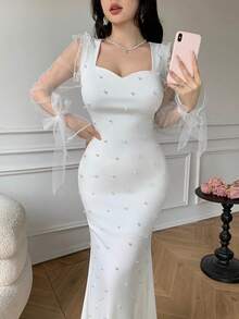 Celisse 优雅白色珍珠装饰方领泡泡袖收腰鱼尾连衣裙 - 白色 - 查看 3