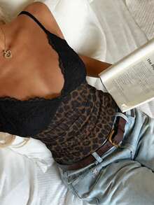 SHEIN ICON 女士休闲复古蕾丝豹纹拼接褶皱紧身吊带背心，适合夏季郊游、音乐节、叠穿、新年派对 - 彩色 - 查看 6