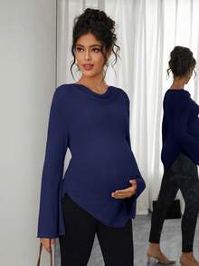 SHEIN Áo thun bầu cổ cao tay loe vạt lệch có dây rút, thích hợp mặc mùa thu/đông. - Xanh đậm - Xem 6