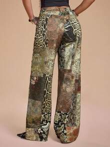 ROMWE Grunge Punk 复古Y2K性感动物纹嬉皮图案修身直筒女式牛仔裤 - 彩色 - 查看 3