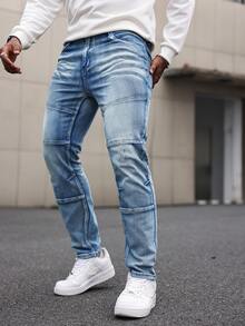 Manfinity Homme Men's Pocket Button Casual Versatile Commuting Denim Jeans - Medium Wash - View 4