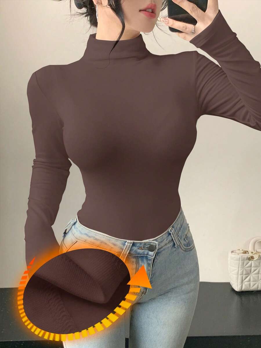 DAZY Tricou damă casual, simplu, în culoarea uni, cu guler înalt, căptușit termic, croială strâmtă, strat de bază, toamnă/iarnă - Maro - Vizualizare 1