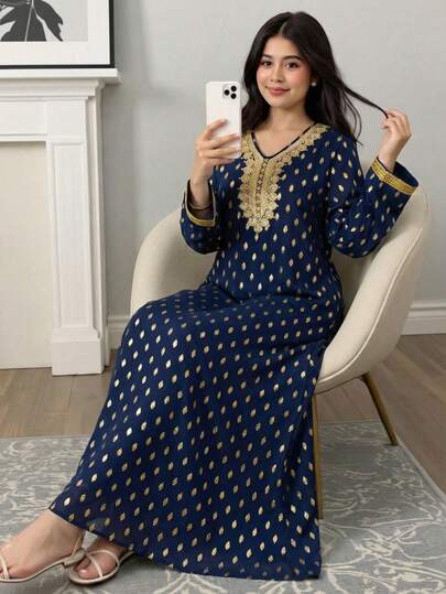 Teen GirlPolka Dot Golden Thread Embroidered Loose Festival Jalabiya Dress