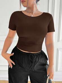 SHEIN EZwear Plus Size Brown Ruched Waist Elastic T-Shirt - Brown - View 12