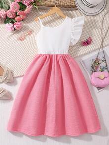 Girls' White And Pink Summer Sweet & Cool Colorblock Floral Decor Spaghetti Strap Dress,Ruffle Hem Design,Elegant Picnic Cute Ruffle Dress - Pink - View 9