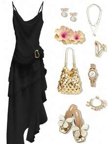 Cévolie Vestido de mujer de unicolor con múltiples capas de tirantes, 2026 - Negro - Ver 2