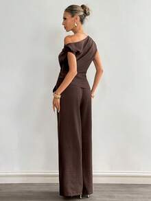 Siren Gaze 新款棕色肩部金属装饰衬衫和裤子时尚套装，女士款 - 棕色 - 查看 2