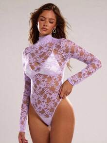 SHEIN BAE 女士花卉蕾丝立领长袖透视性感连体衣 - 淡紫色 - 查看 6