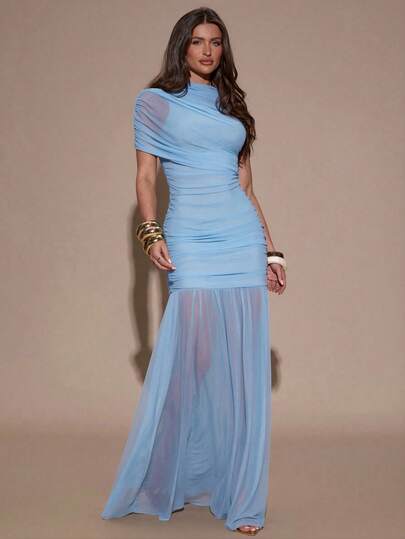 SHEIN BAE Vestido ajustado con pliegues elegantes, adecuado para cóctel, cita romántica, capas de otoño/invierno, fiesta, reunión formal, Halloween, Navidad