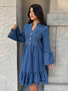 SHEIN PETITE 女士V领纽扣半开襟喇叭袖休闲牛仔连衣裙 - 藍色 - 查看 3