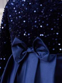Glamorique Kids Đầm công chúa dài tay cho bé gái, phối sequin và lưới, trang trí nơ, kiểu dáng thanh lịch. - Màu xanh hải quân - Xem 3