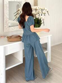 DAZY Women's Denim Collared Short Sleeve Top And Loose Straight Leg Pants Casual Denim Suit - Medium Wash - View 5