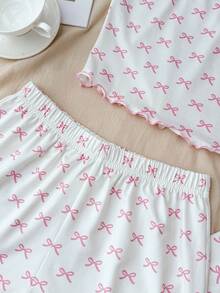 SHEIN Conjunto de 3 piezas de pijama para adolescentes, ropa de estar en casa informal con estampado de moño, incluye camiseta, pantalón largo y shorts - Rosa - Ver 3