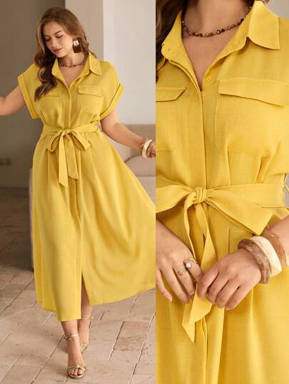 Roveilla Plus Size Women's Solid Color Shirt Collar Waist Tie Bow Pleated Flounce Cargo Pocket Raglan Sleeve Turnup Cuff Open Front Button Down Short Sleeve Shirt Dress, Yellow Mid-Length, Elegant French Retro Formal Office Commute Casual Holiday Afternoon Tea Street Minimalist Versatile Spring/Summer New