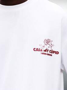 SUMWON Crop Fit Call My Cupid Graphic Print Short Sleeve Crew Neck Regular Fit T-Shirt With Angel Design Back Print For Valentine's Day Casual - White - View 7