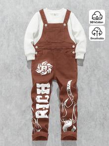 Young Boy Letter Print Pocket Casual Versatile Daily Wear Denim Bib Pants - Rust Brown - View 2