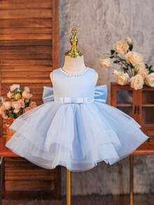 SHEIN Glamorique Kids 派对礼服、花童礼服、舞会礼服、后背蝴蝶结、女婴公主裙、双层薄纱裙、蓝色薄纱裙、白色珍珠、自信骄傲蓬蓬裙、四季皆宜 - 藍色 - 查看 3