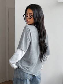 Coolane 女士秋冬街头休闲嬉皮学院风朋克哥特风纯棉印花宽松长袖T恤 - 灰色 - 查看 7