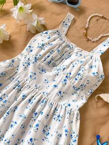 Teen Girls' White Pastel Floral Sundress,Square Neck Adjustable Spaghetti Straps Ruched Bodice Flowy Midi Skirt,Summer Vacation Wedding Guest Holiday - Multicolor - View 3